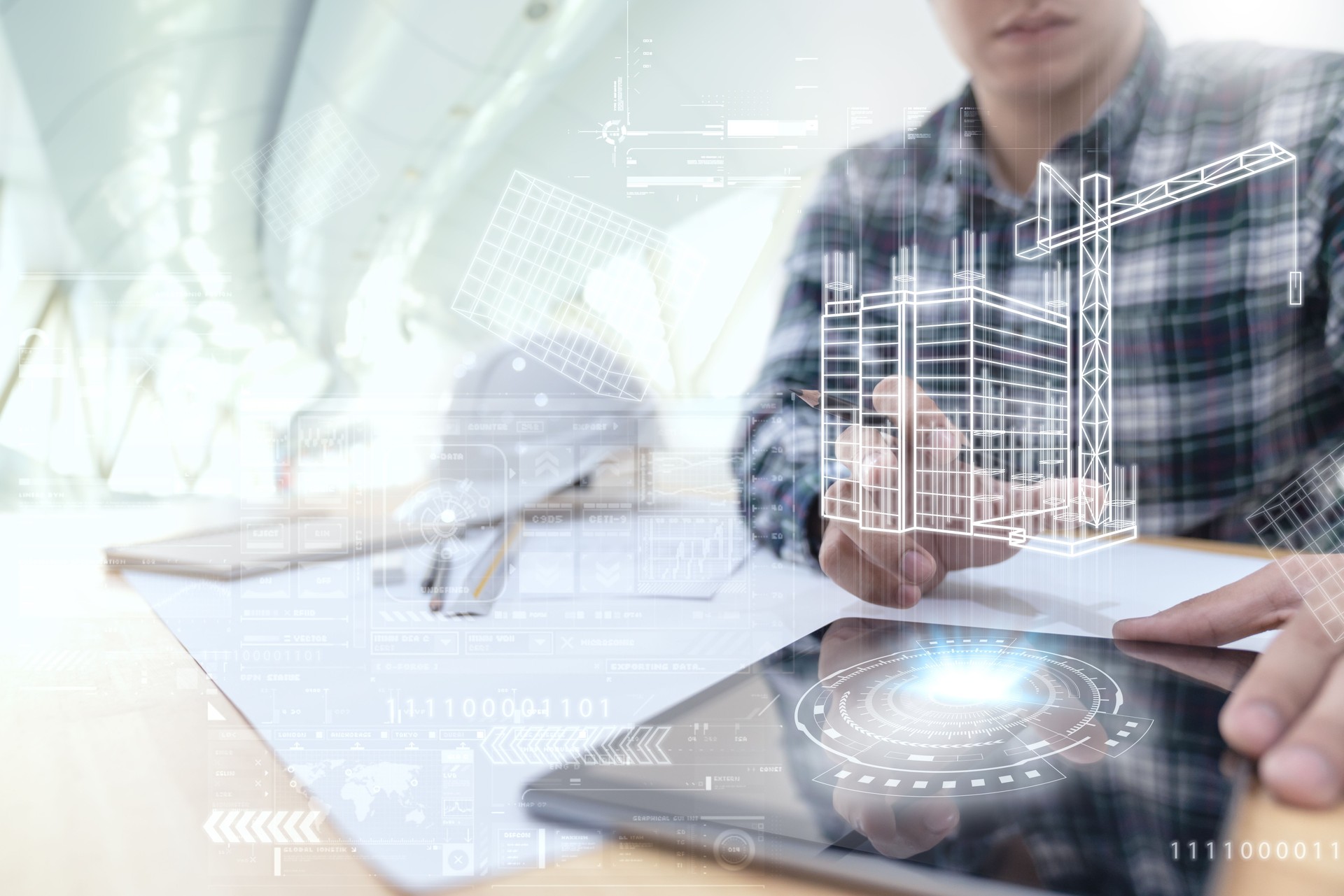 Ingenieur oder Architekt suchen und berühren Schnittstelle mit dem Gebäude Design Reality-virtuelle Technologie auf Computer-Tablet in modernen Büro vor Ort. Gebäudeautomatisierung digitales drahtloses Steuerungskonzept